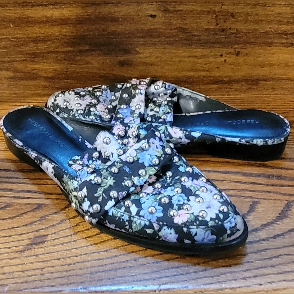 Rebecca Minkoff Women's Black Floral Studded Slip On Flat Mules Size 6.5M